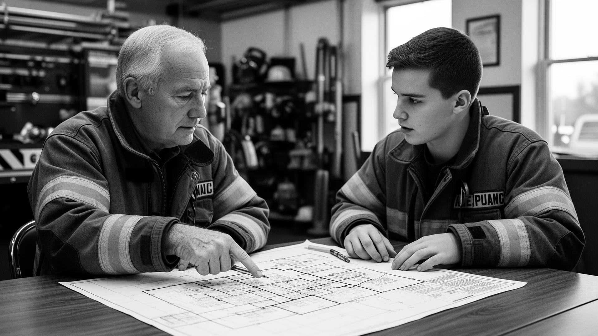 Senior firefighter mentoring a younger crew member over a building preplan